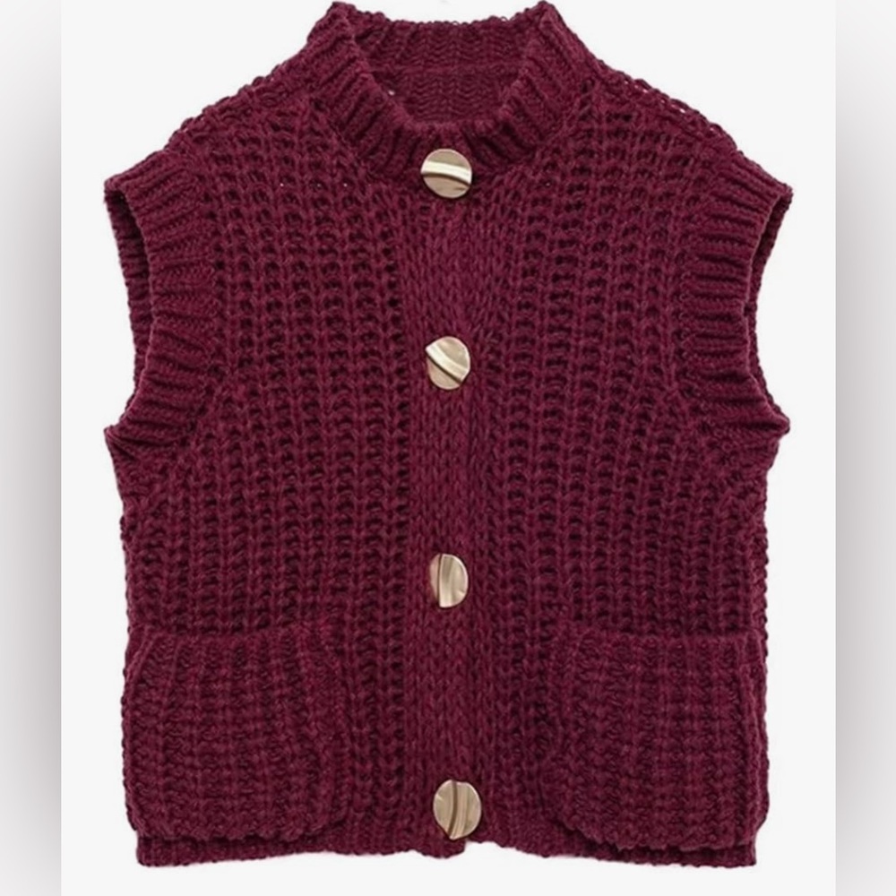 Generic Chic Burgundy Knit Cardigan Vest